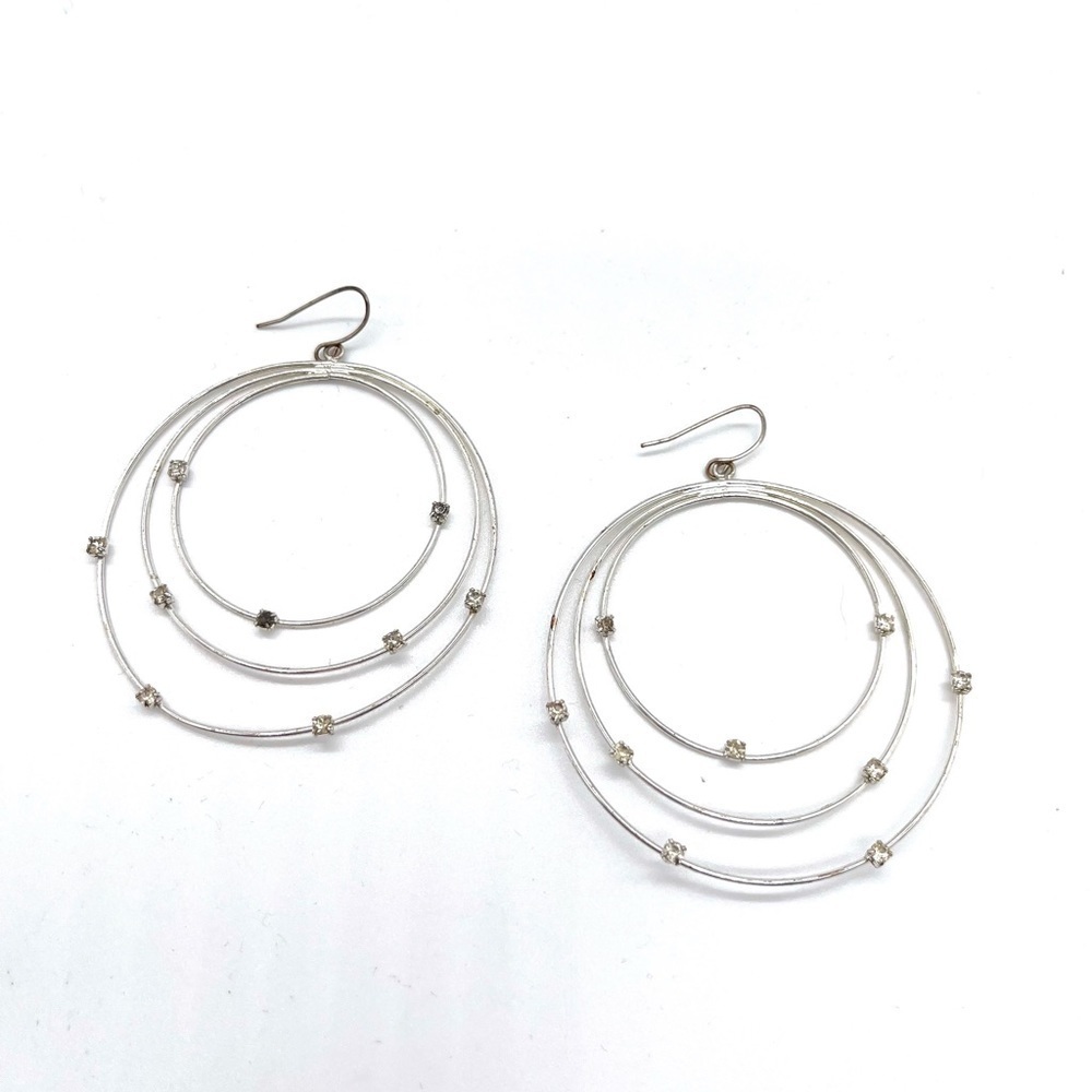 Triple Circles Hoop with Rhinestones Accent Silver Tone